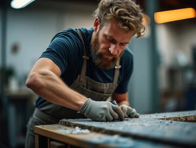 Artisan Craftsman Working On Stone Surface In Workshop
