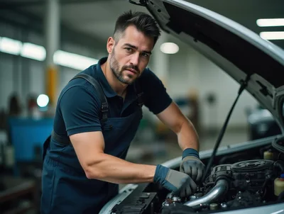 Professional Mechanic Repairing Car Engine In Auto Workshop