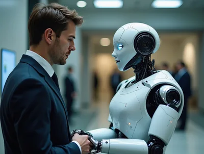 Businessman Shaking Hands With A Futuristic Humanoid Robot