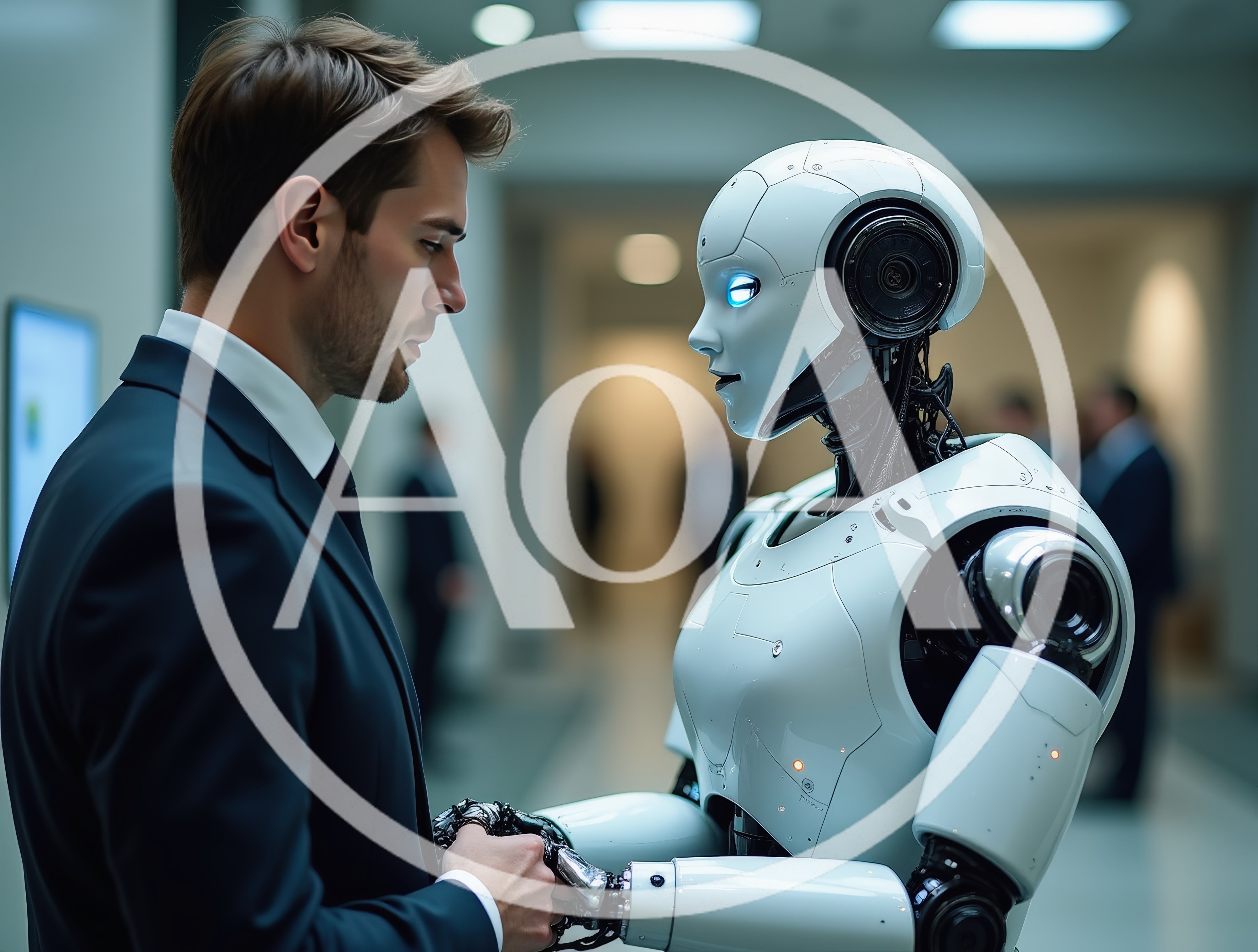 Businessman Shaking Hands With A Futuristic Humanoid Robot