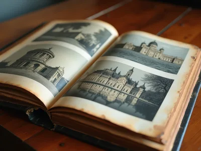 Open Antique Photo Album With Architectural Prints