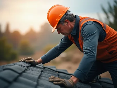 Construction Worker Inspecting Roof Shingles