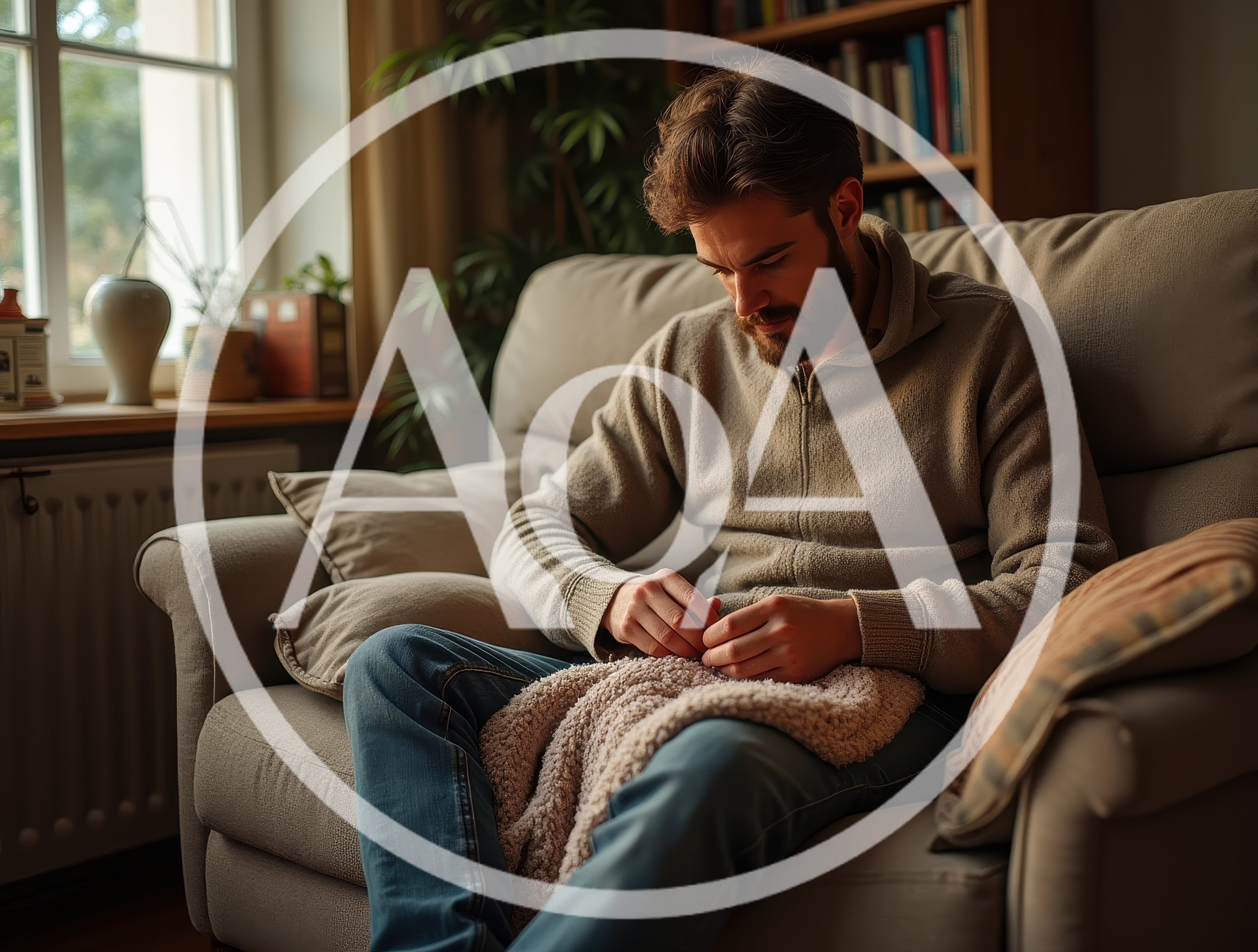 Bearded Man Knitting A Soft Blanket In A Cozy Living Room