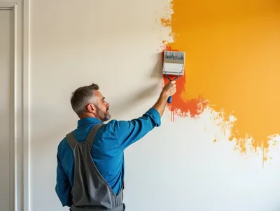 Professional Painter Applying Orange Paint To Interior Wall