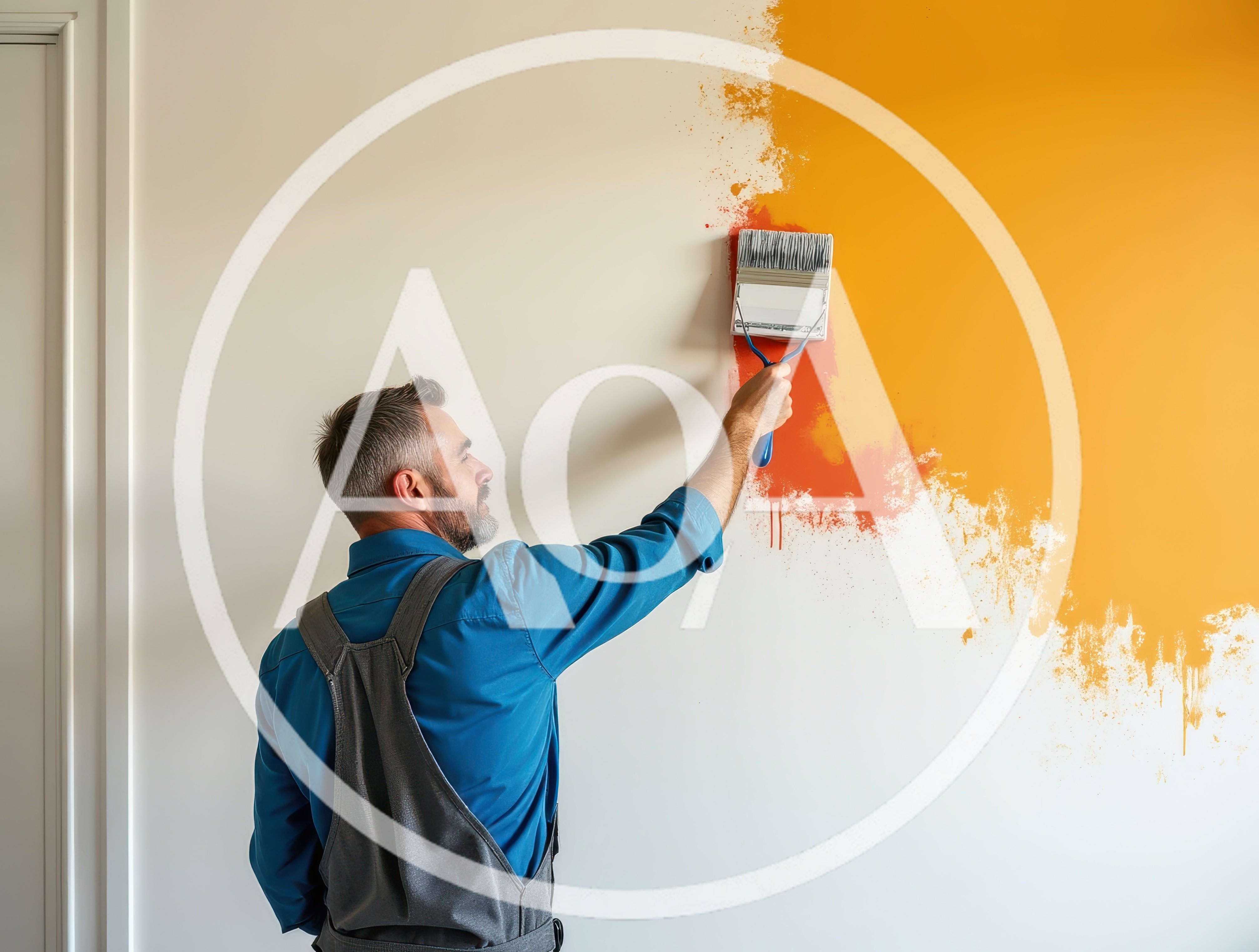 Professional Painter Applying Orange Paint To Interior Wall