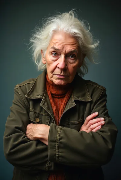 Portrait Of A Serious Elderly Woman With White Hair