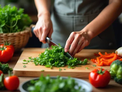 Person Chopping Fresh Parsley on Wooden Cutting Board