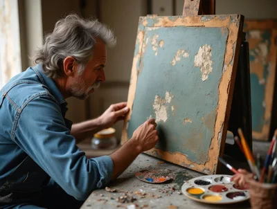 Art Restorer Working On A Damaged Antique Painting