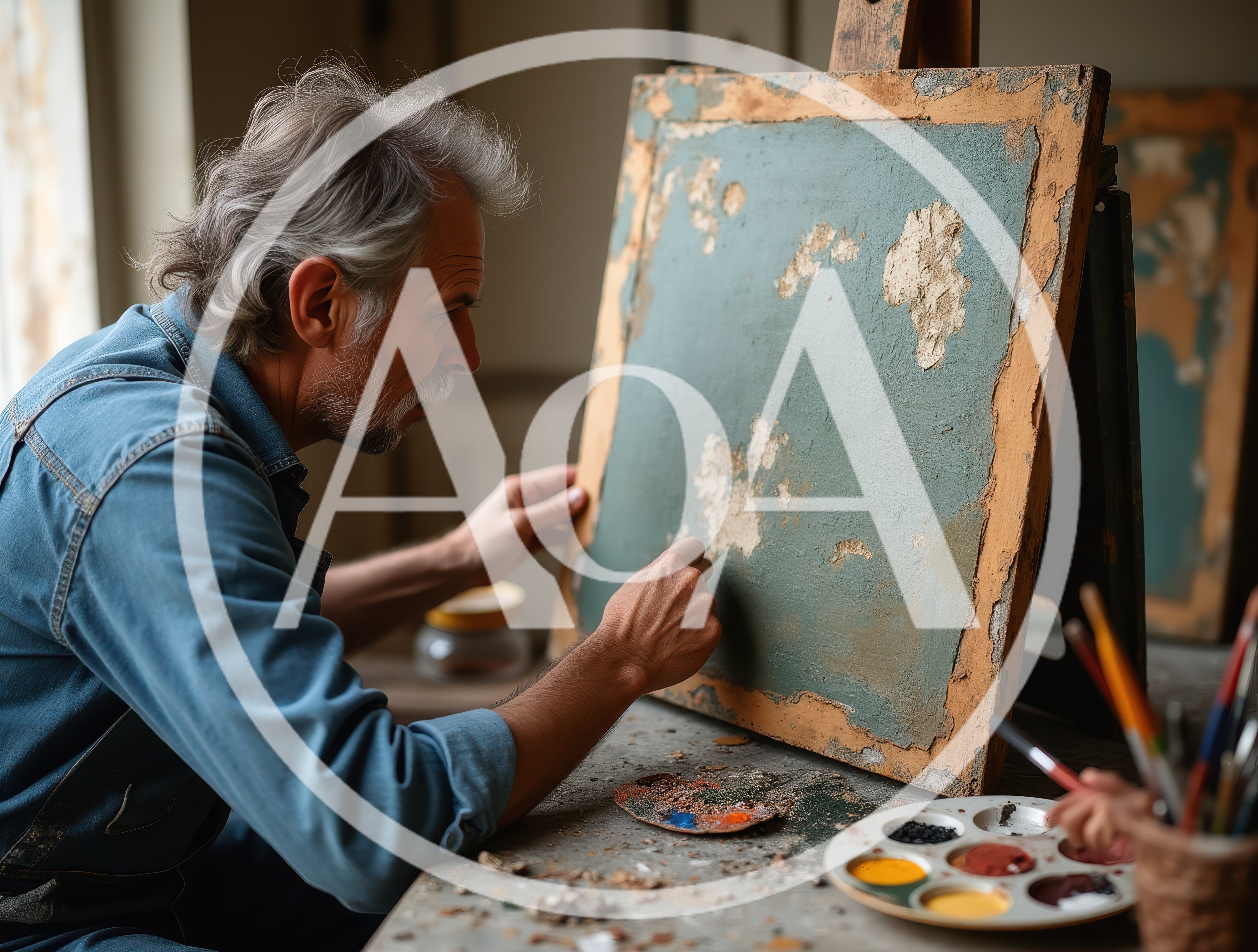 Art Restorer Working On A Damaged Antique Painting