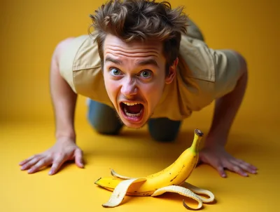 Man Kneeling And Screaming At A Peeled Banana