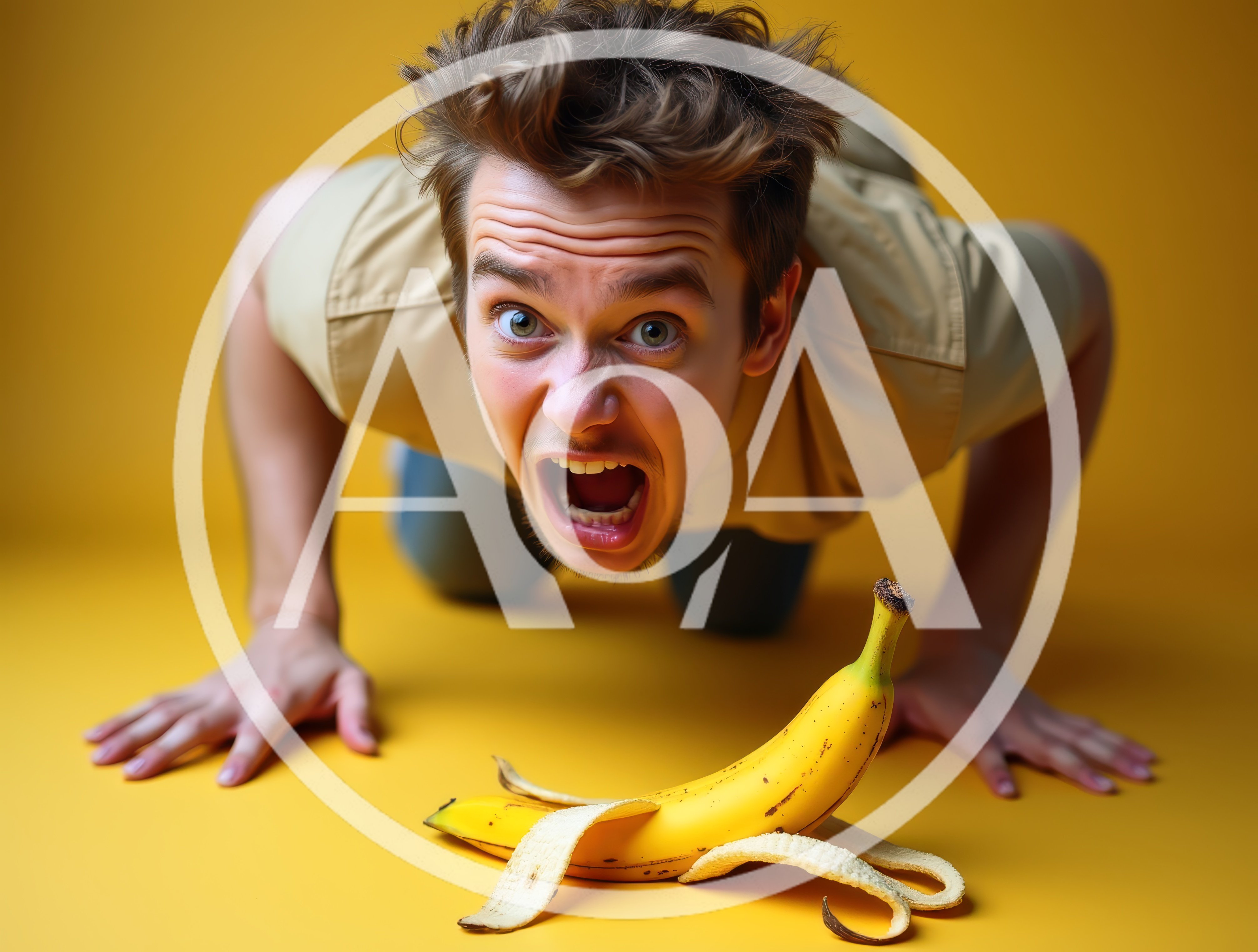Man Kneeling And Screaming At A Peeled Banana