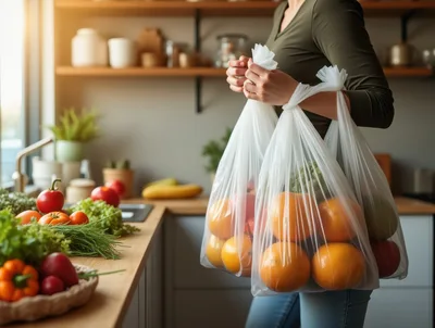 Woman Carrying Plastic Bags Of Fresh Produce In Kitchen