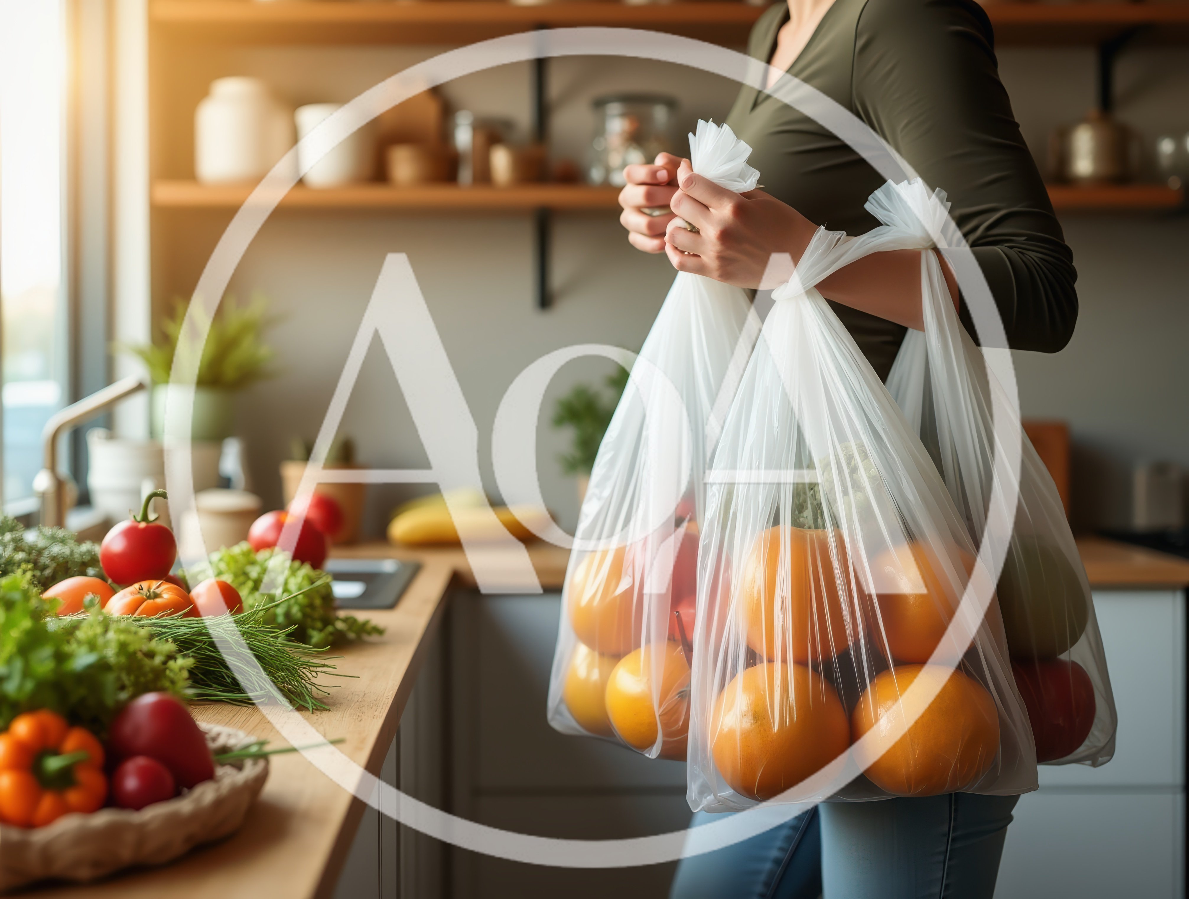 Woman Carrying Plastic Bags Of Fresh Produce In Kitchen