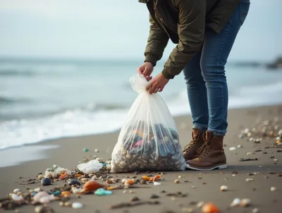 Person Cleaning Plastic Waste From Sandy Beach