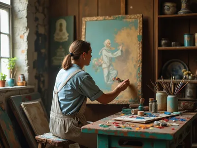 Female Artist Painting A Portrait In A Rustic Studio