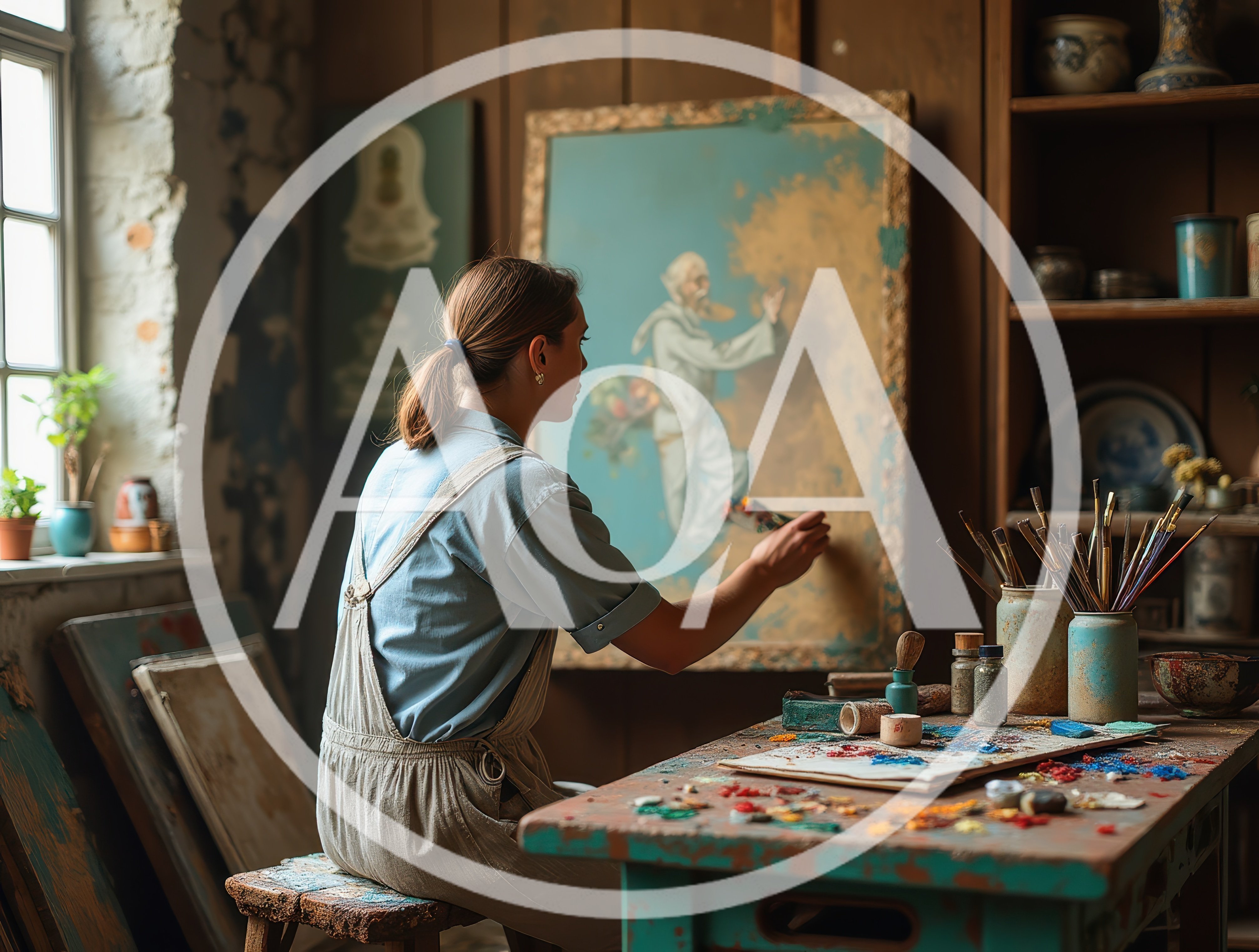 Female Artist Painting A Portrait In A Rustic Studio