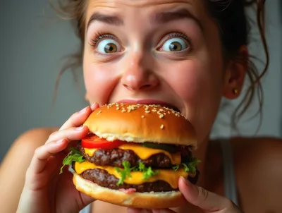 Excited Young Woman Eating A Large Double Cheeseburger