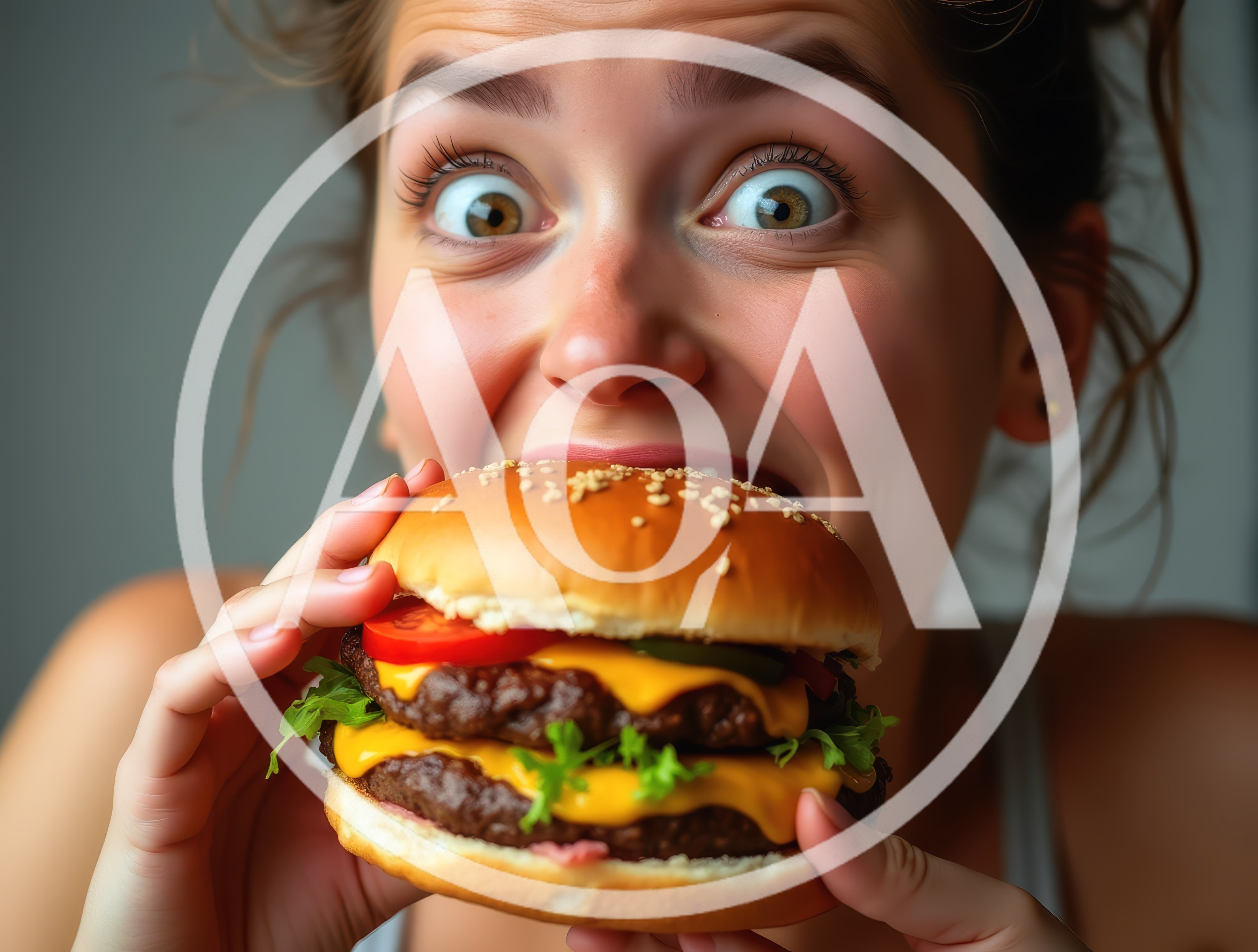 Excited Young Woman Eating A Large Double Cheeseburger