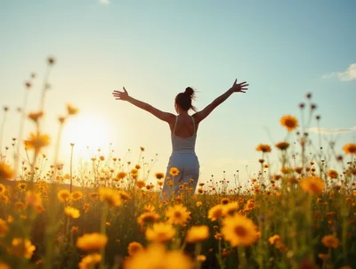 Woman Standing With Arms Outstretched In A Flower Field