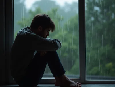 Sad Young Man Sitting Alone By Rainy Window