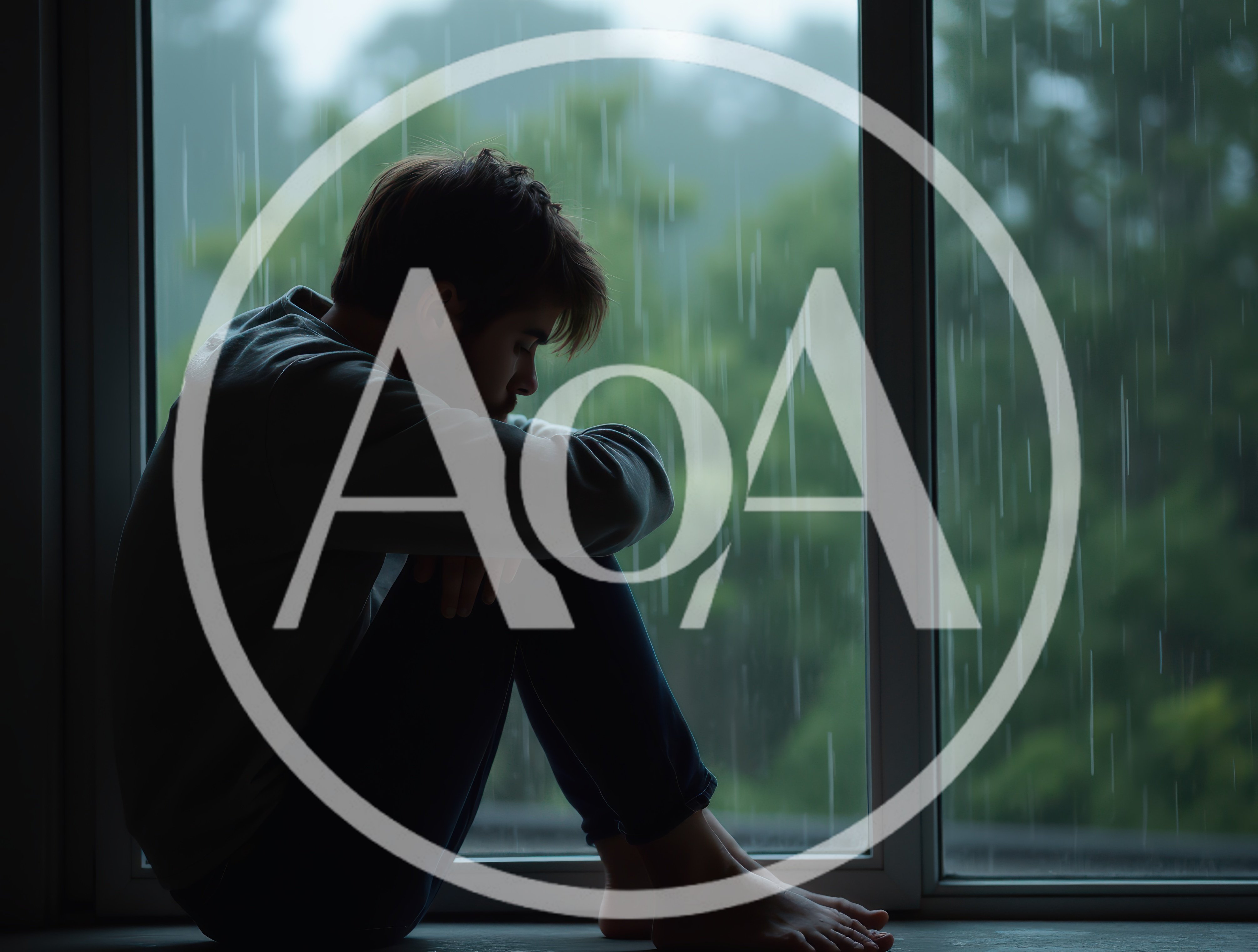 Sad Young Man Sitting Alone By Rainy Window