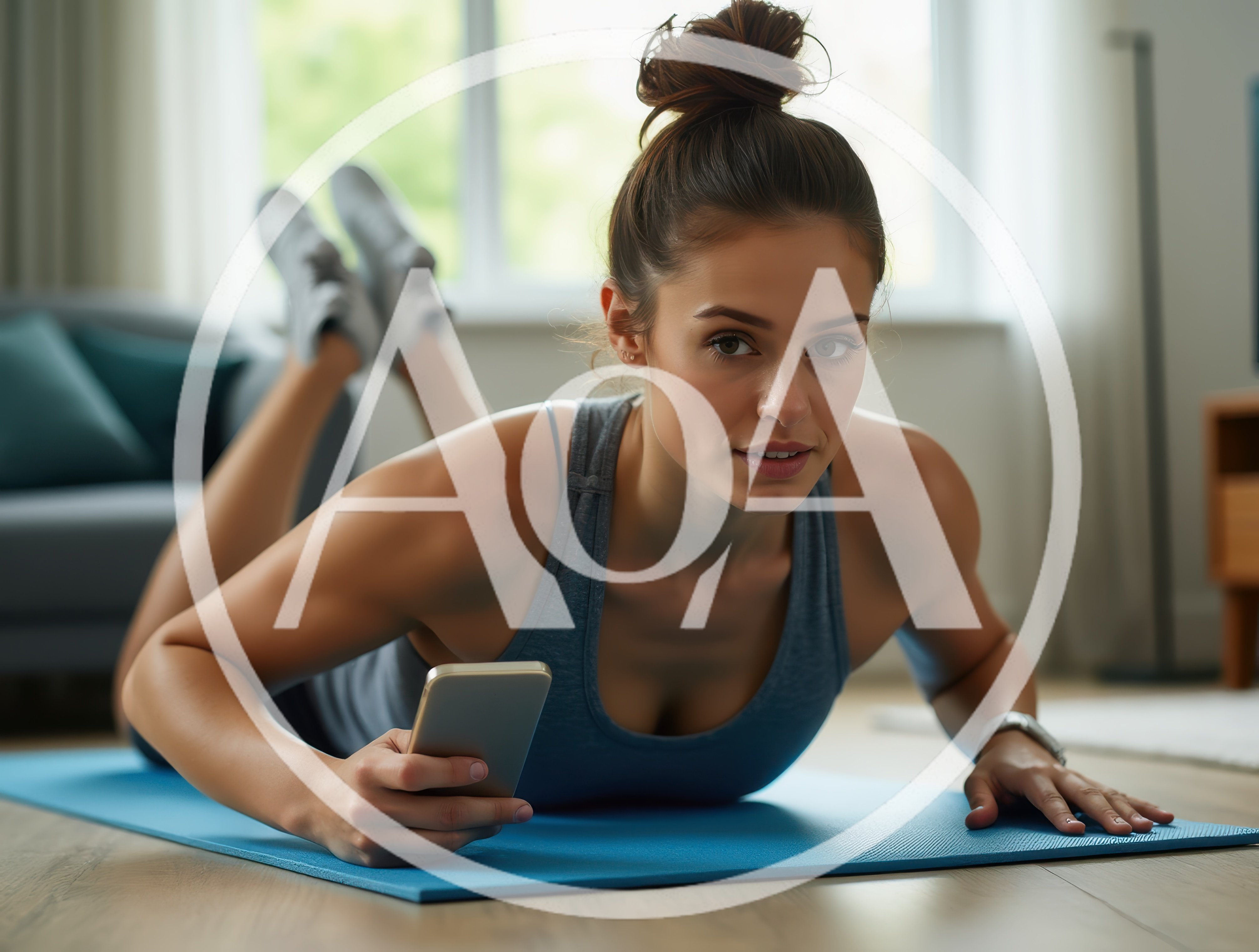 Young Woman Using Smartphone While Exercising On Yoga Mat
