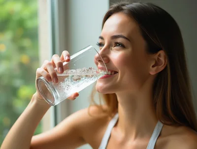 Young Woman Drinking Refreshing Water By A Window