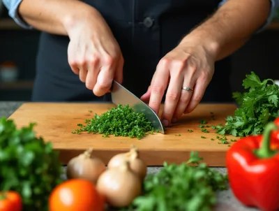 Chef Chopping Fresh Parsley on Wooden Cutting Board