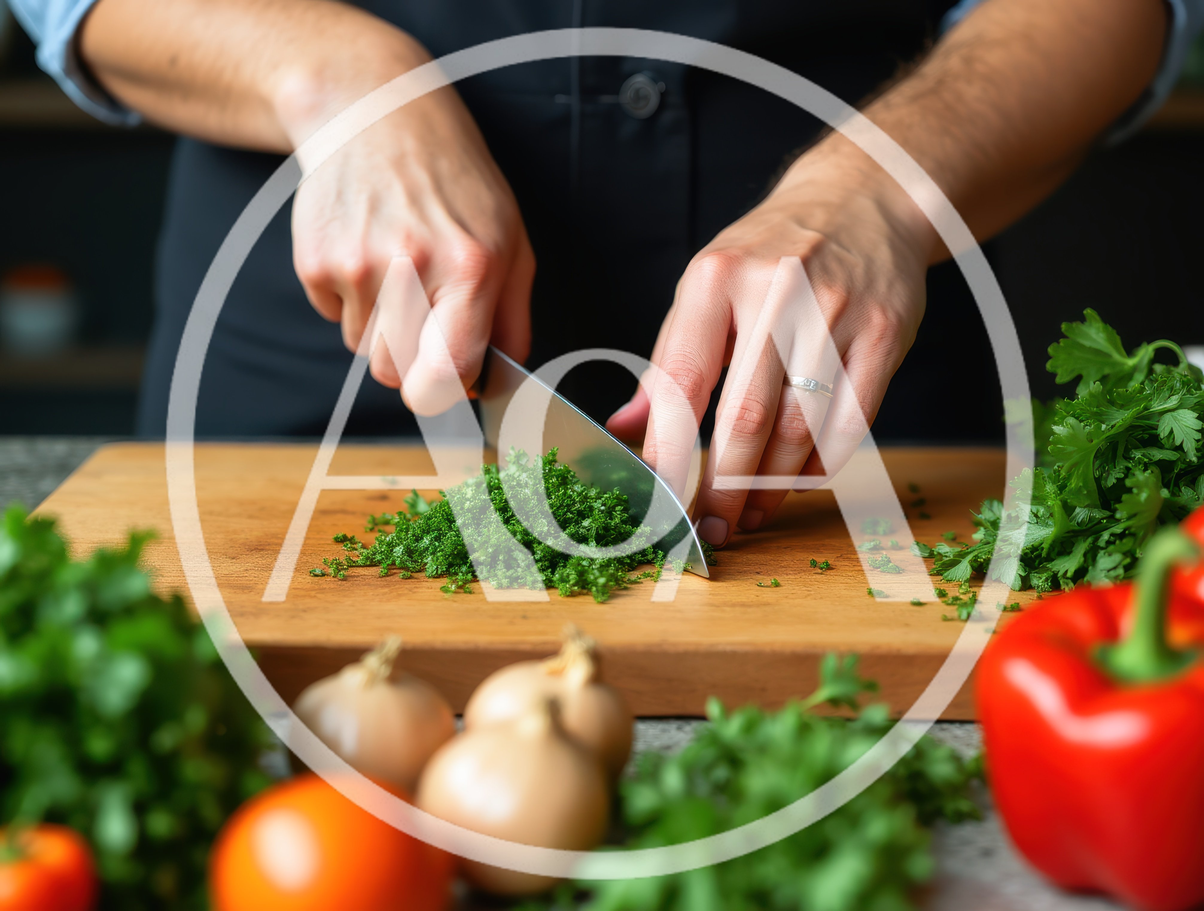 Chef Chopping Fresh Parsley on Wooden Cutting Board