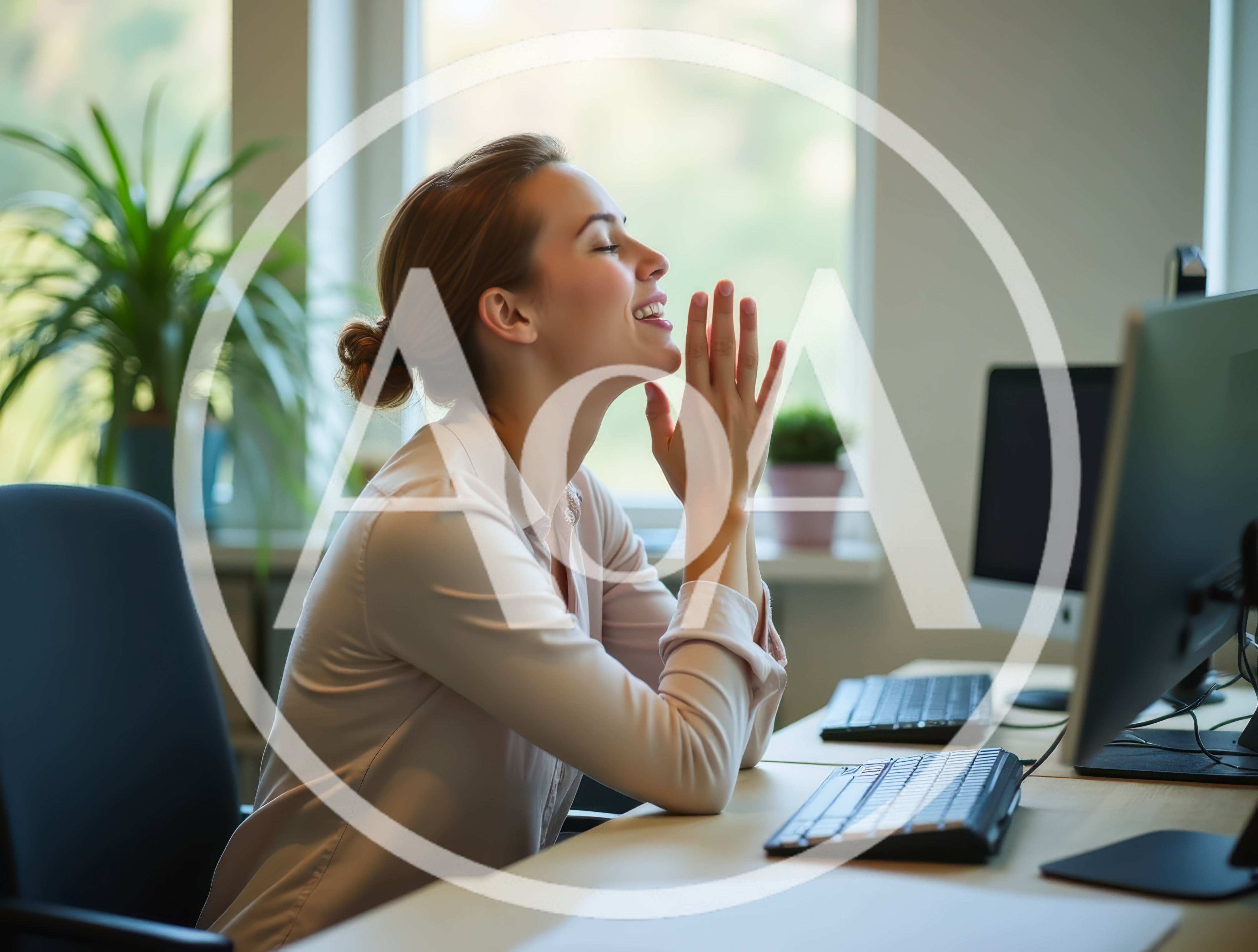 Happy Professional Woman Praying At Her Office Desk