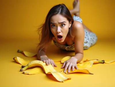 Surprised Woman Lying On Floor With Banana Peels