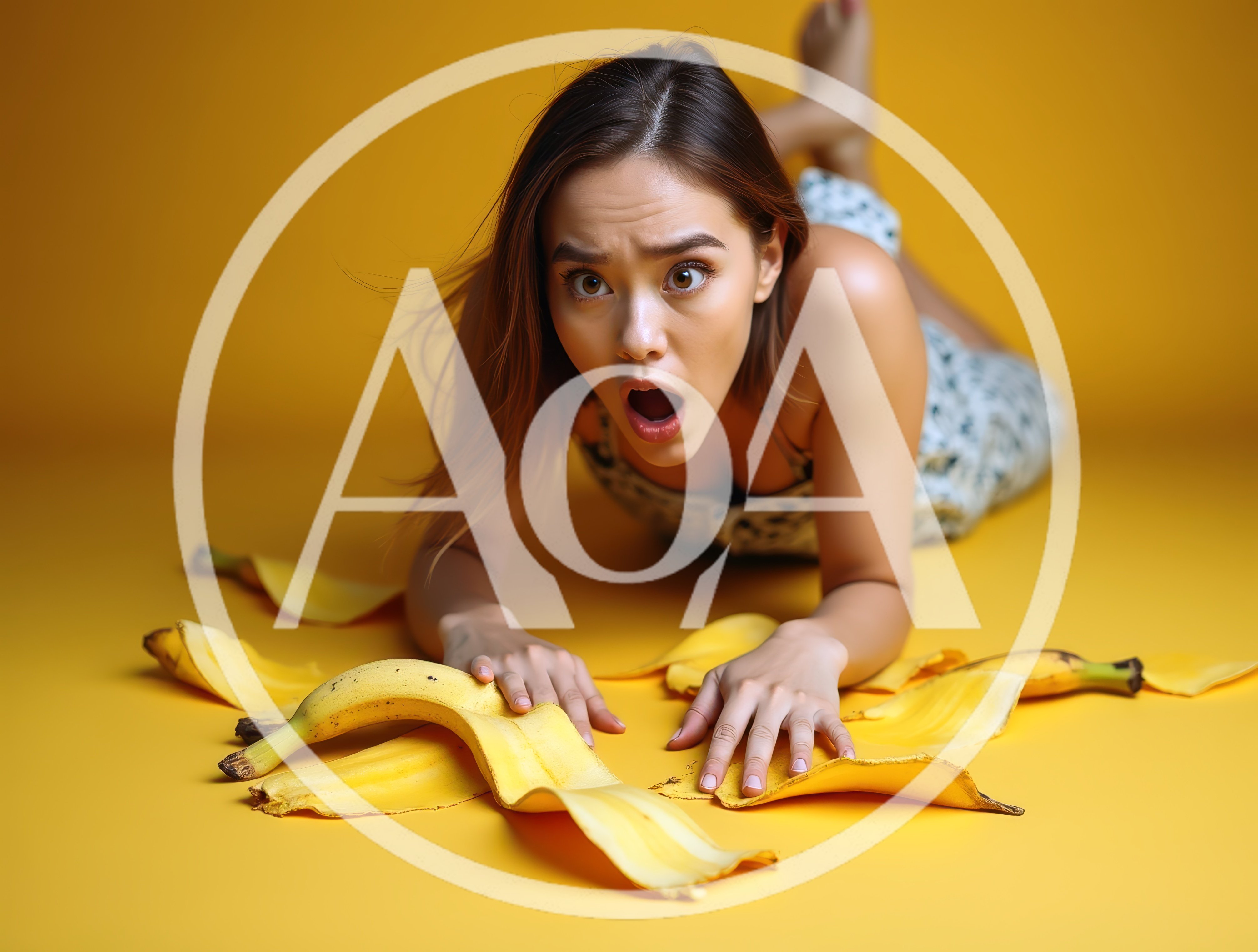 Surprised Woman Lying On Floor With Banana Peels