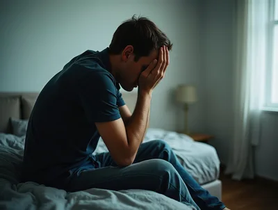 Depressed Young Man Sitting Alone On Bed