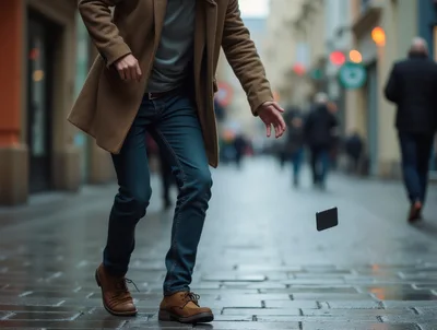 Man Accidentally Dropping Smartphone On Wet City Street