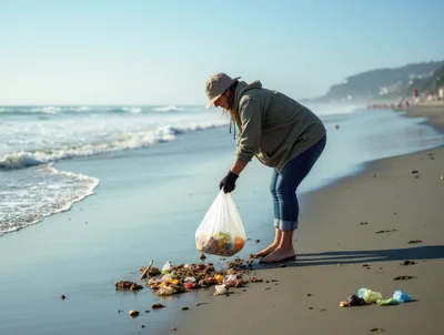 Volunteer Cleaning Plastic Waste From Sandy Beach