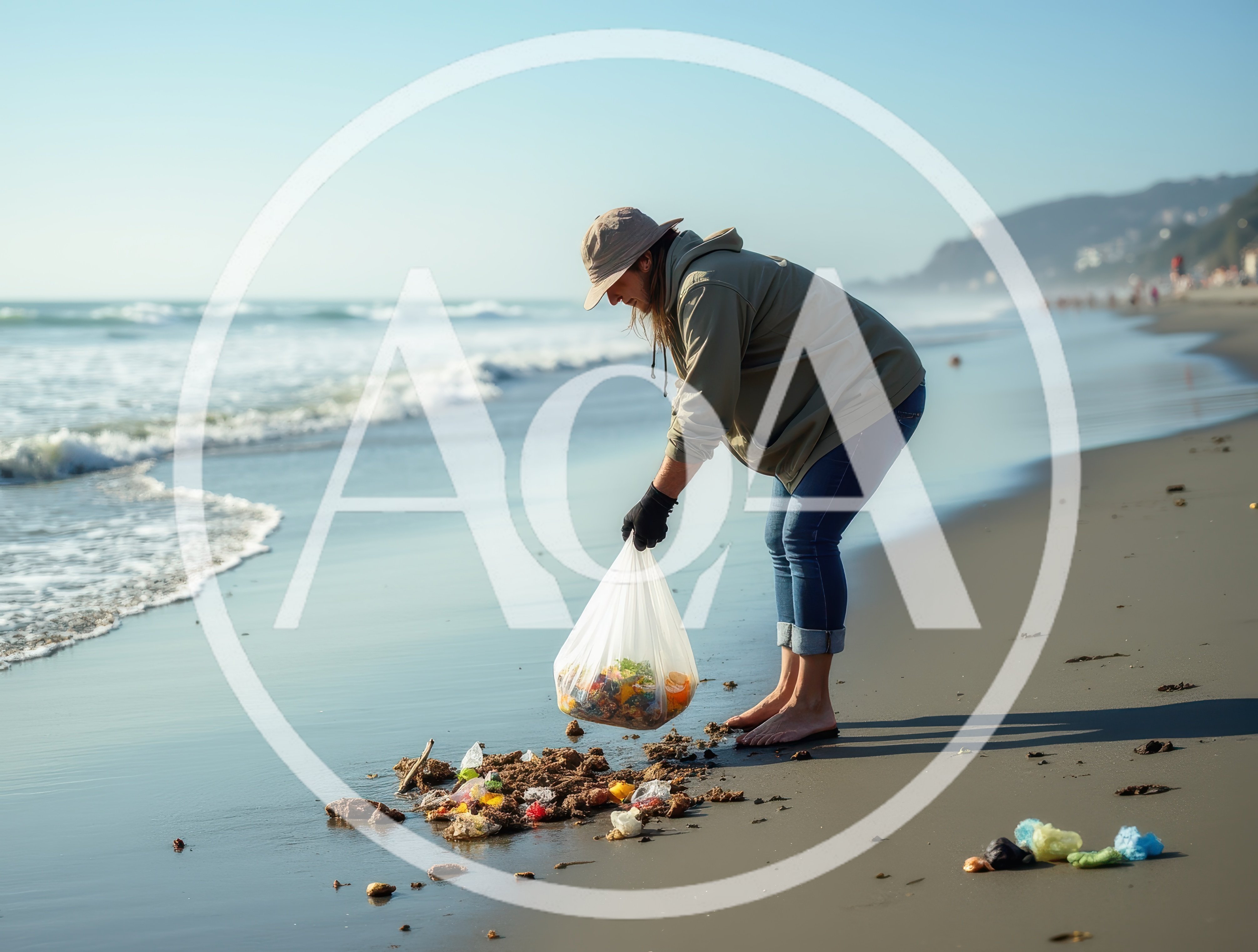 Volunteer Cleaning Plastic Waste From Sandy Beach