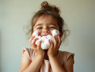 Happy Little Girl Eating Soft Marshmallows