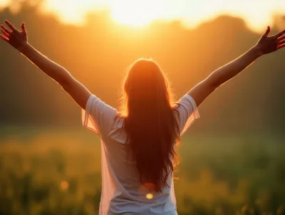 Woman Standing With Arms Raised At Sunset