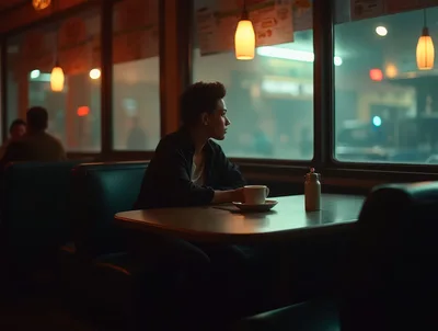 Pensive Person Sitting Alone at a Diner Booth