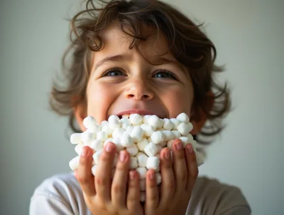 Young Boy Holding A Large Pile Of Marshmallows