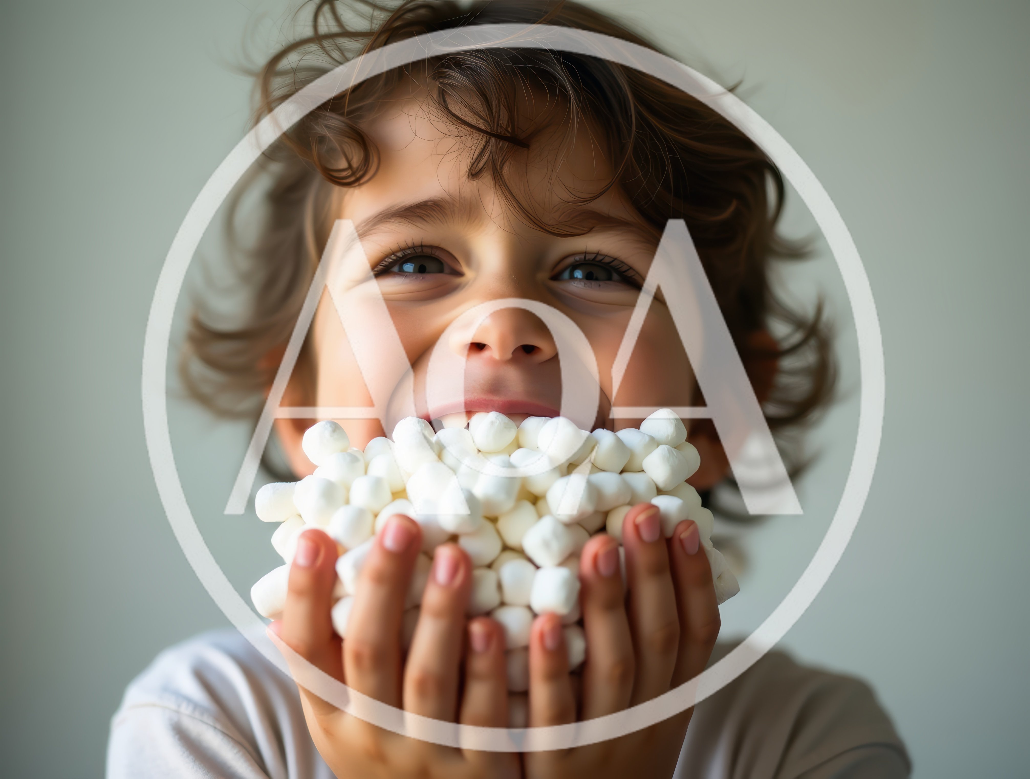 Young Boy Holding A Large Pile Of Marshmallows