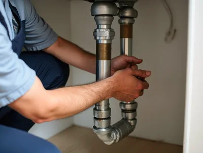 Professional Plumber Repairing Sink Pipes Under Cabinet