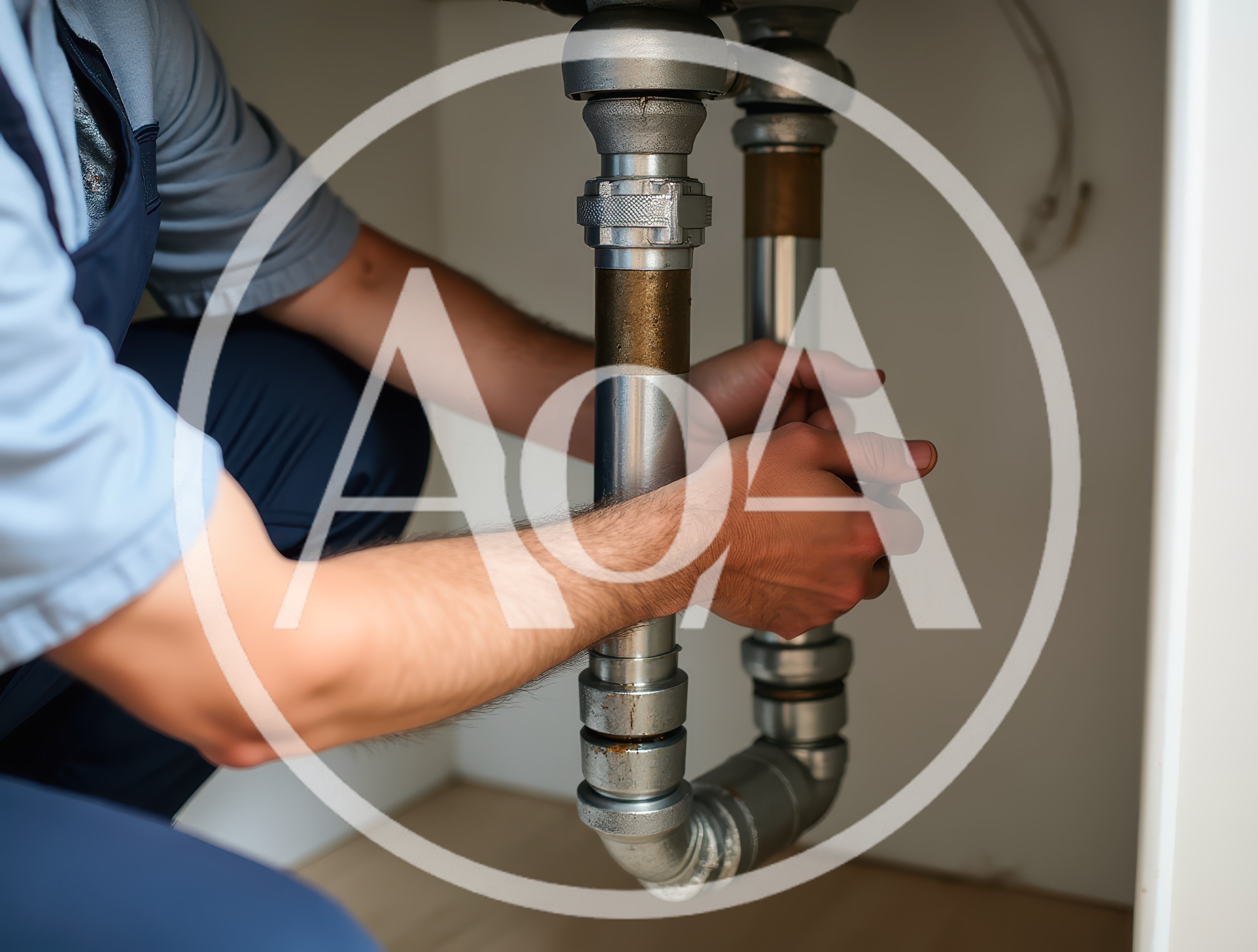 Professional Plumber Repairing Sink Pipes Under Cabinet