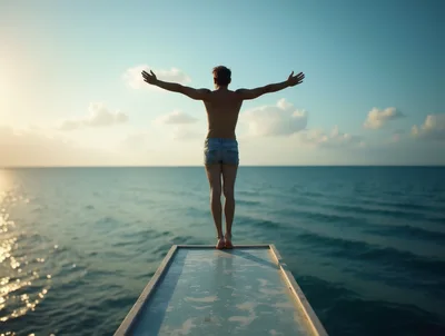 Man Standing On Diving Board With Arms Outstretched