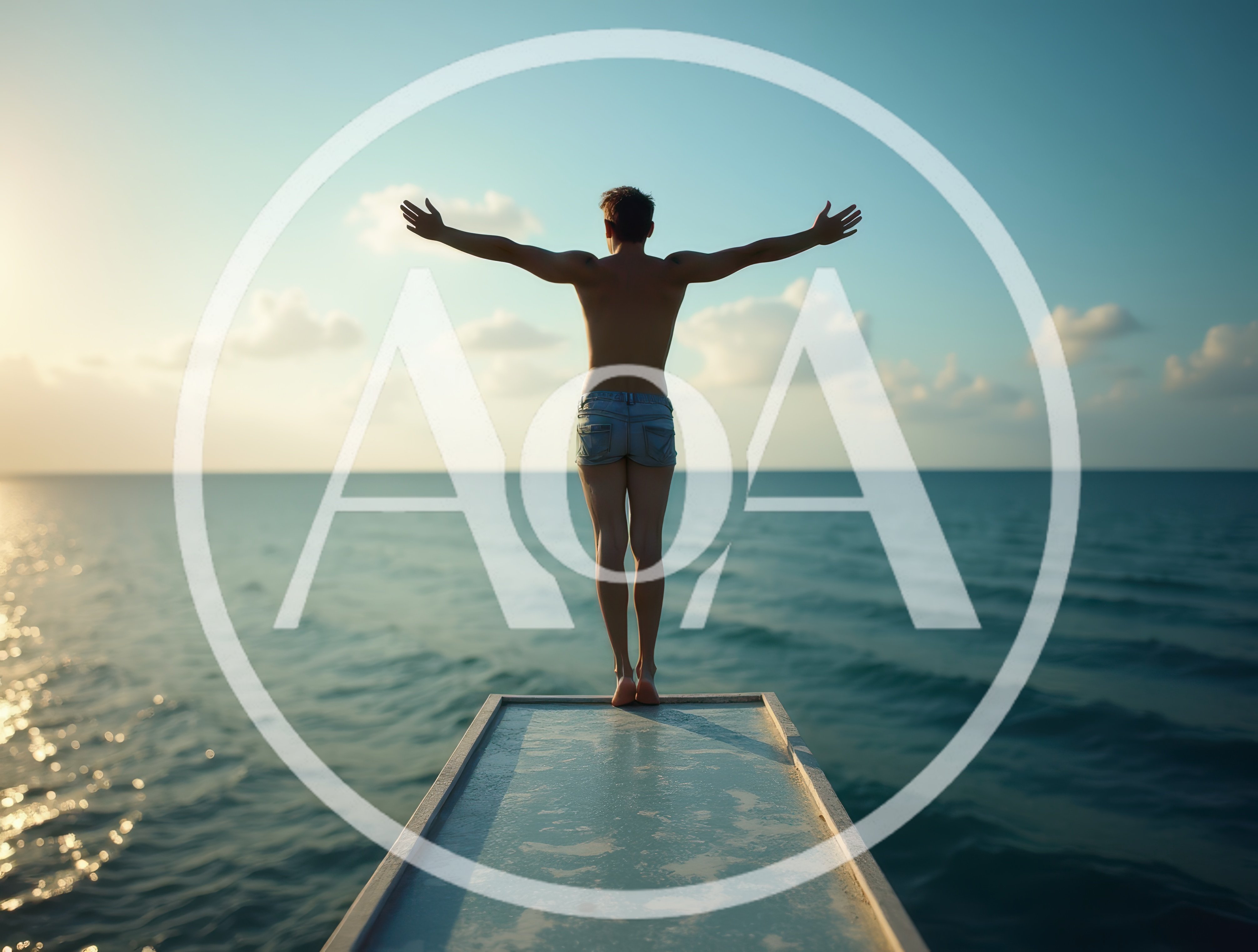 Man Standing On Diving Board With Arms Outstretched
