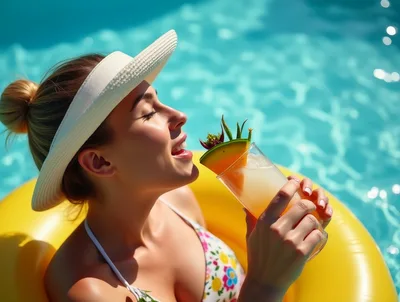 Woman Relaxing In Pool With Tropical Cocktail