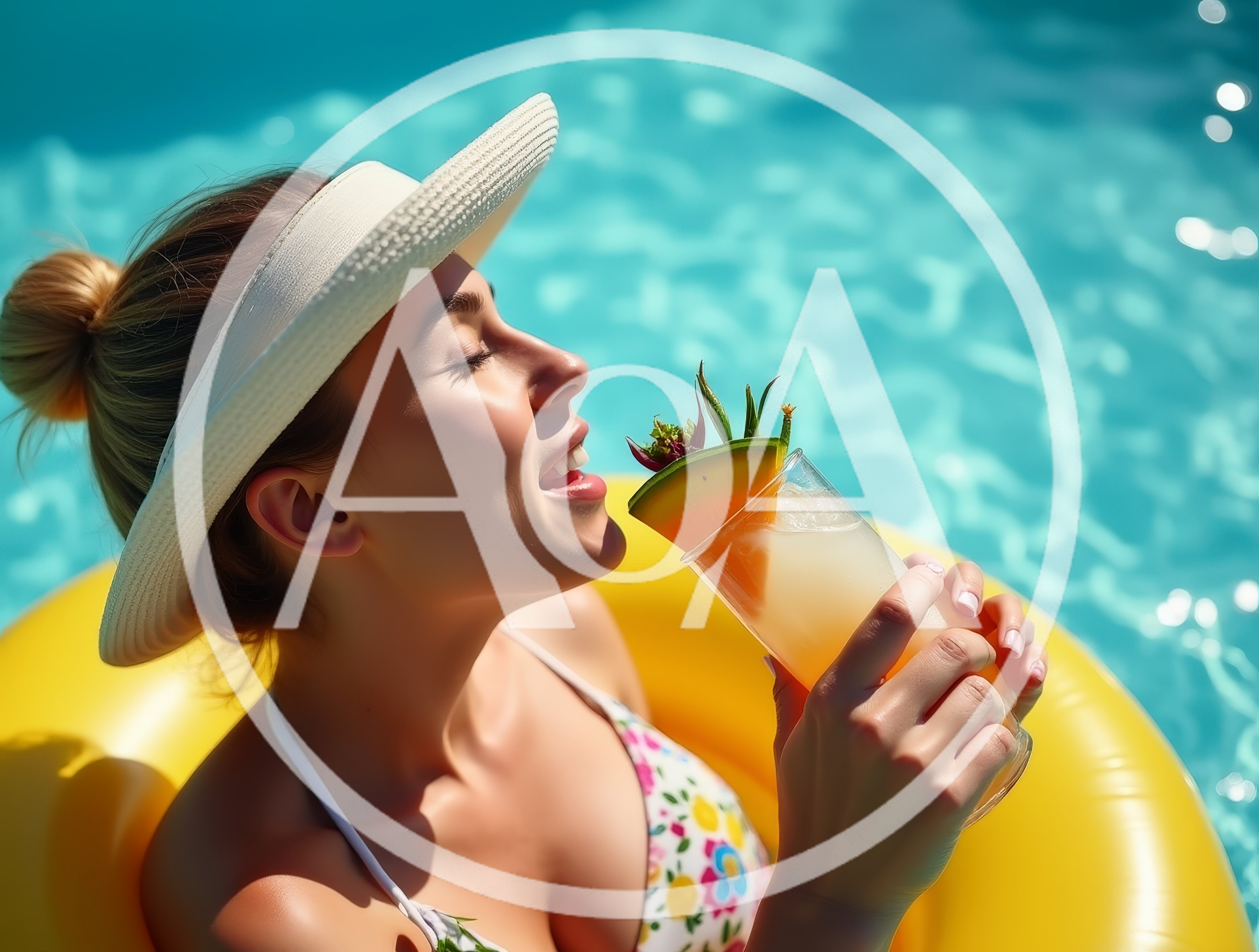 Woman Relaxing In Pool With Tropical Cocktail