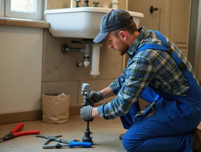 Professional Plumber Repairing Sink Pipe In Bathroom