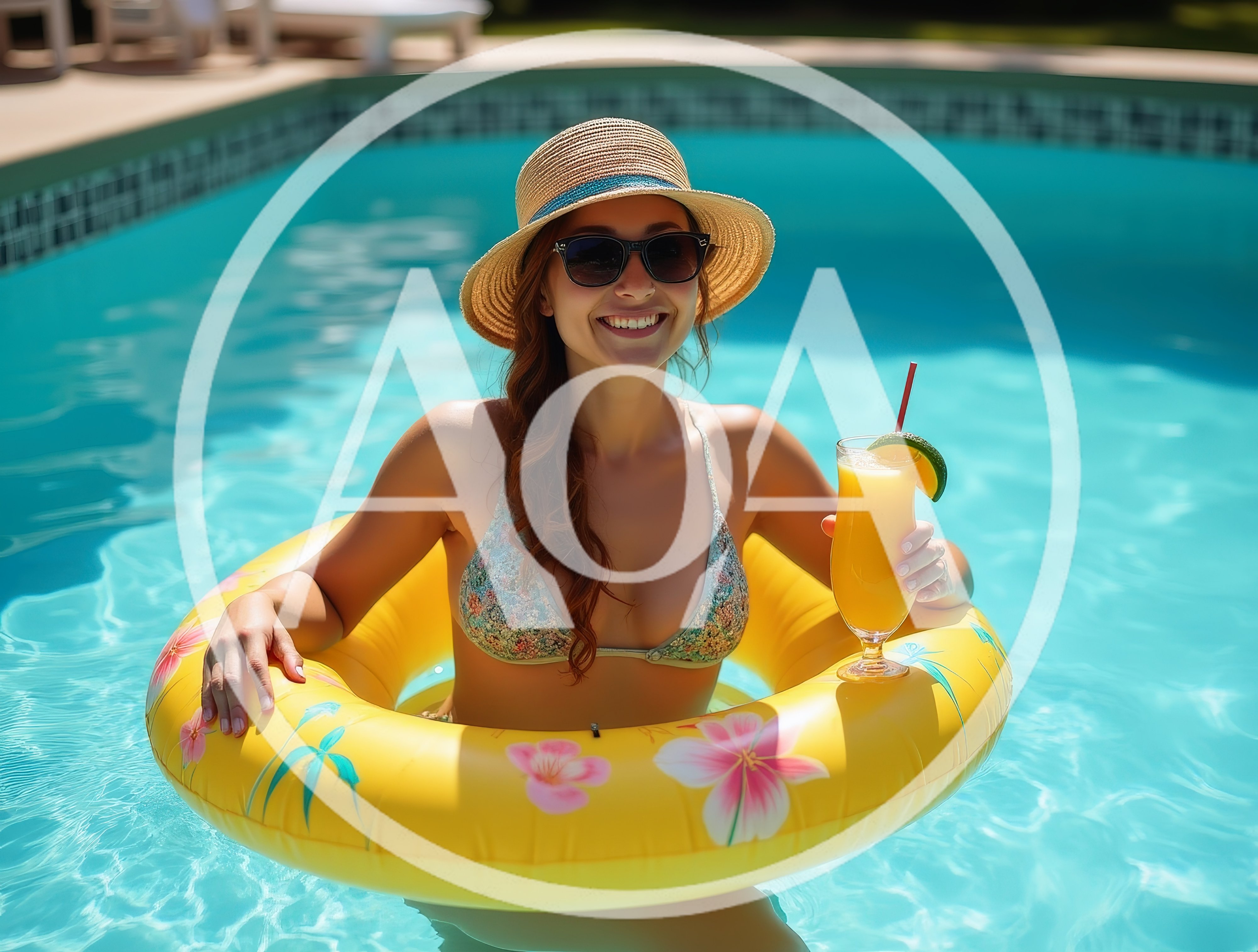 Woman Relaxing In Swimming Pool With Tropical Drink