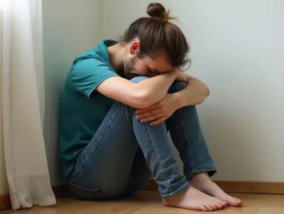 Young Man Sitting Alone In Corner Feeling Depressed